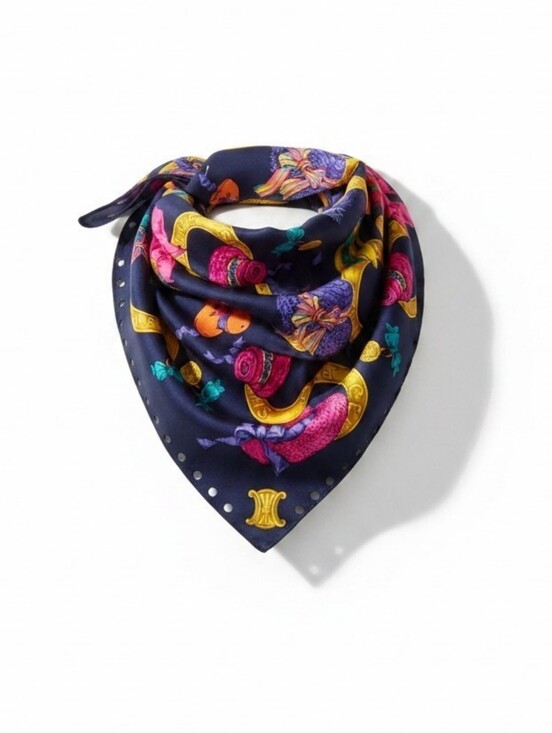 Celine Accessories - Celine Paris Cotton Scarf with Navy, Magenta & Gold Hats And Rings Print